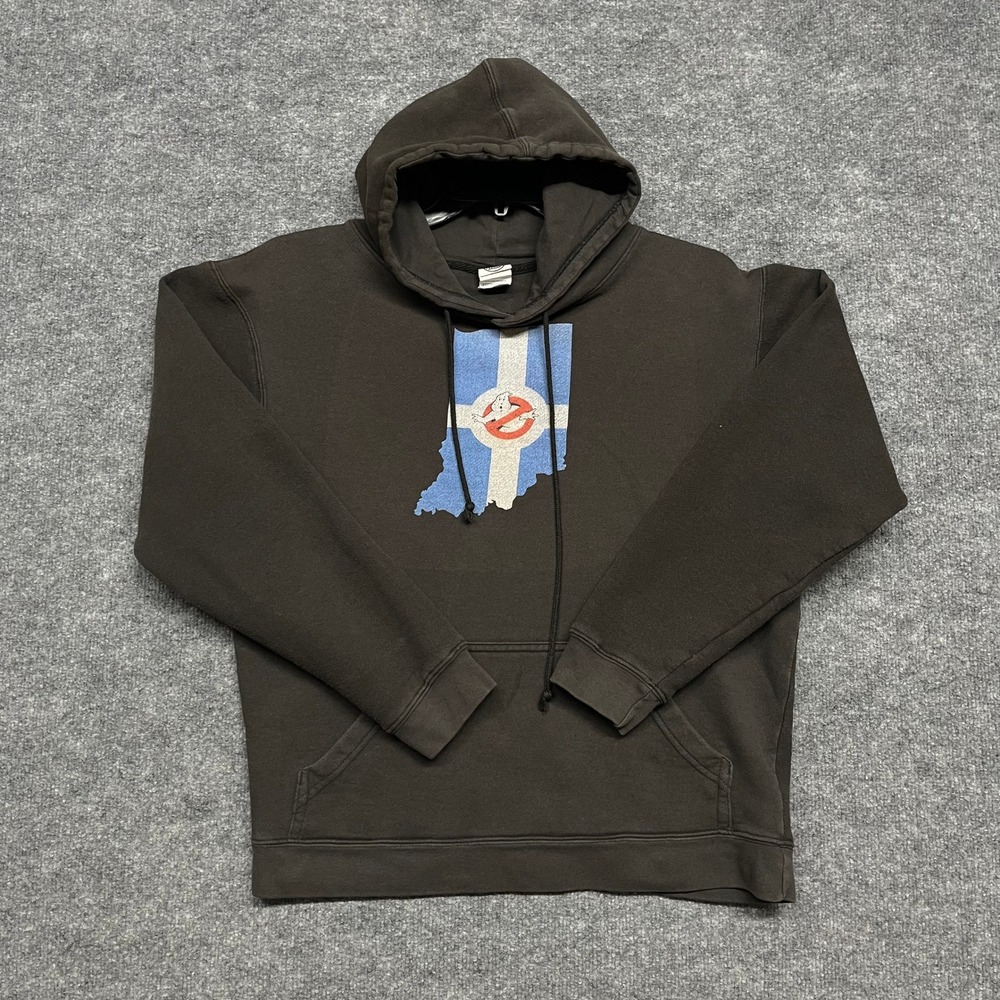 Indiana Ghostbusters Graphic Hoodie Mens Large Faded Black Delta Fleece Skate
